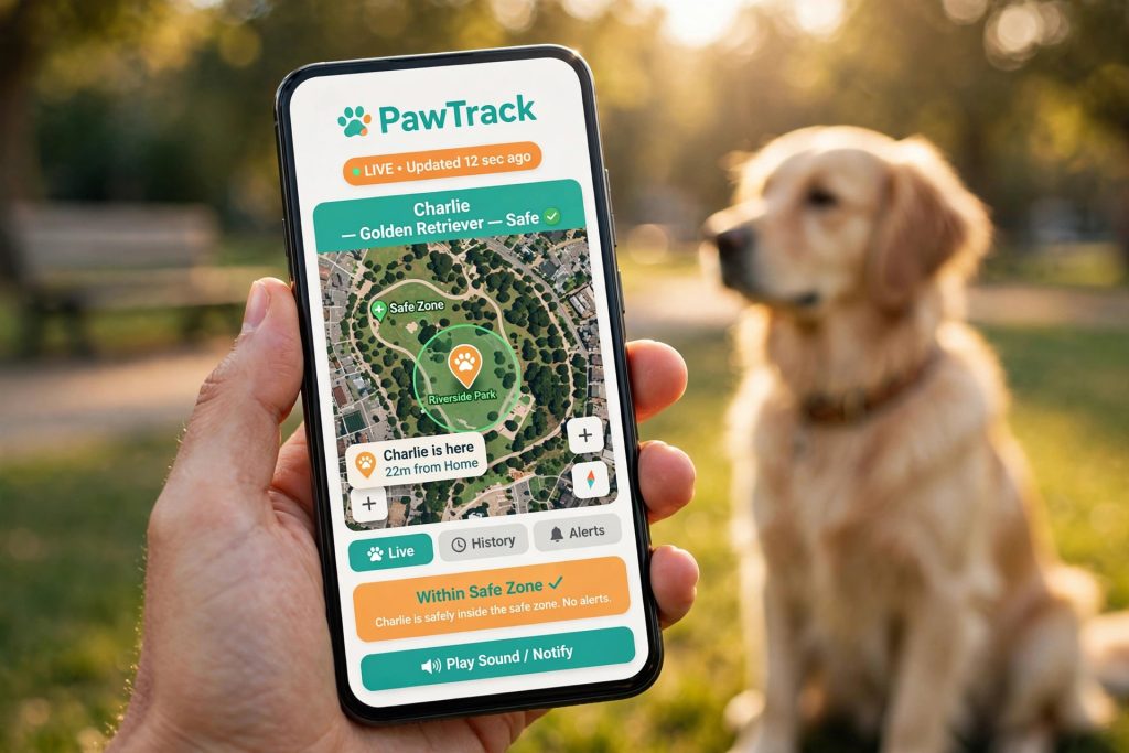 WagTag app on a phone showing live dog tracking map