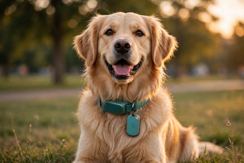 Happy golden retriever wearing a WagTag smart tag in warm evening light