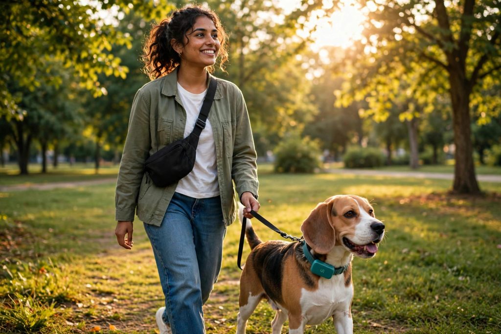 Dog owner with beagle in the park, dog wearing WagTag