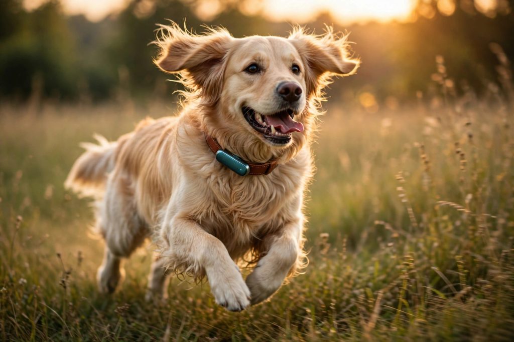 Dog running at golden hour wearing WagTag